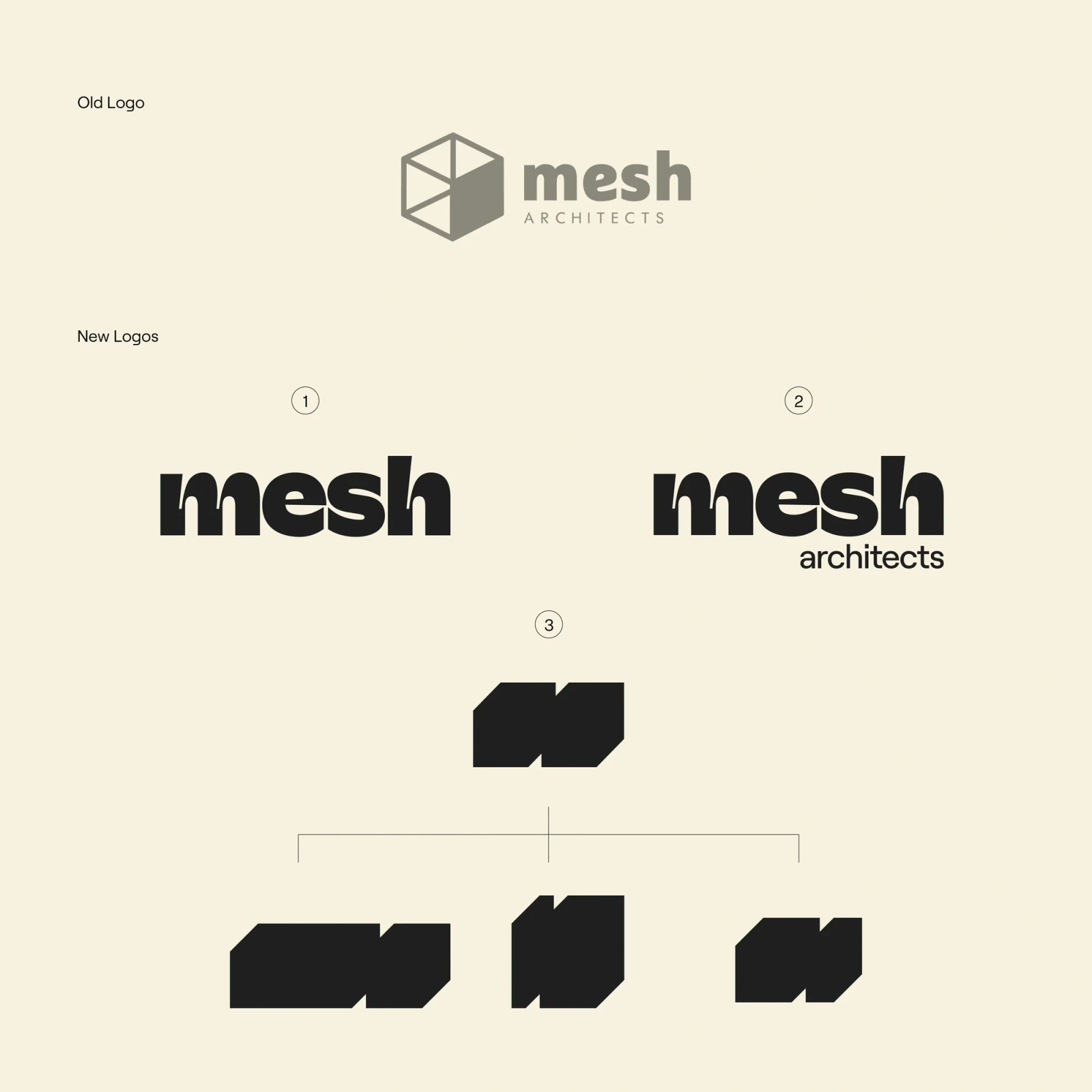 Brand identity presentation showing old and new logo designs for Mesh Architects with typography and geometric shapes.