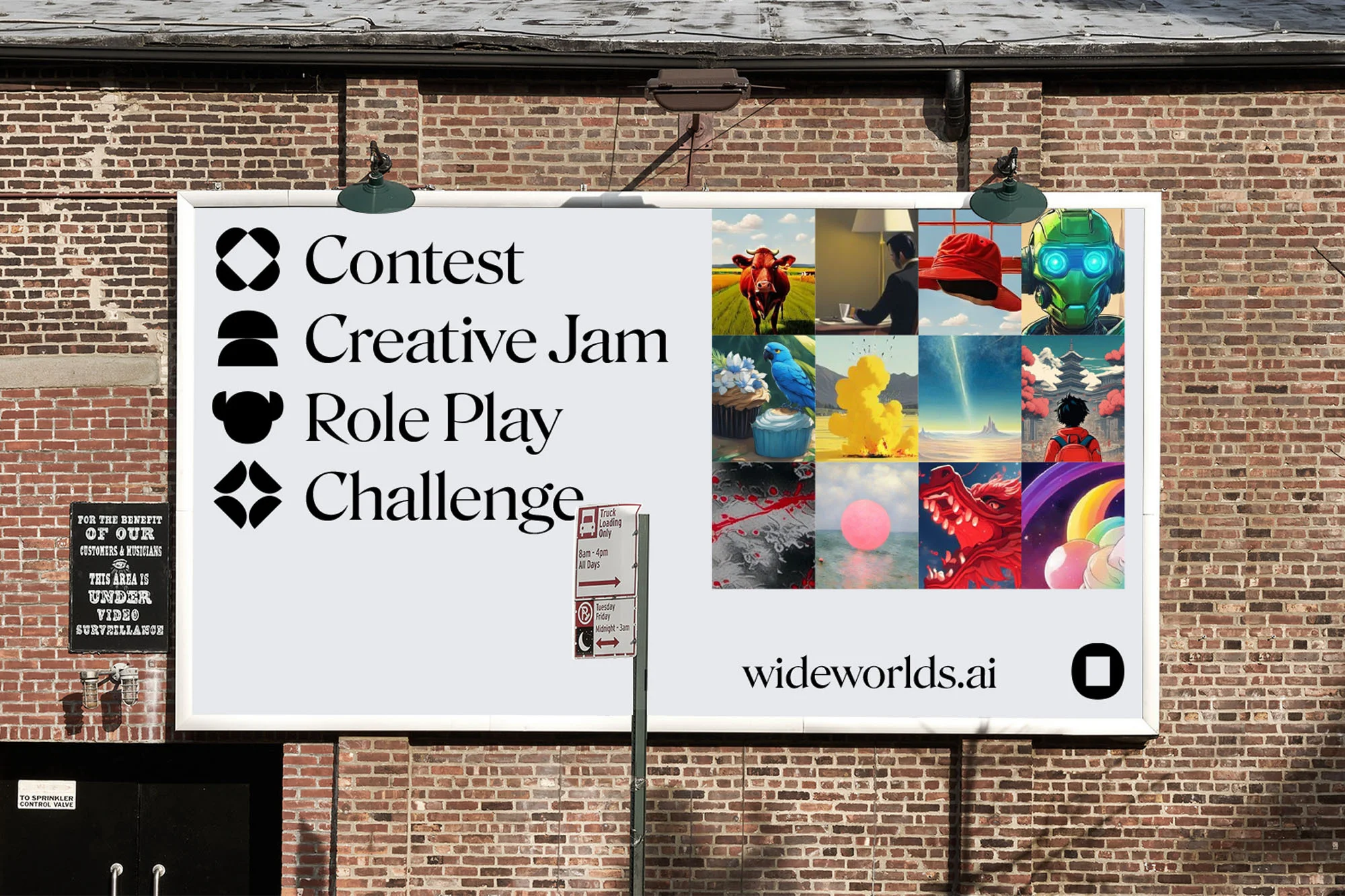 Billboard on a brick wall promotes a creative contest with AI-generated images and the text 'Contest, Creative Jam, Role Play, Challenge'.