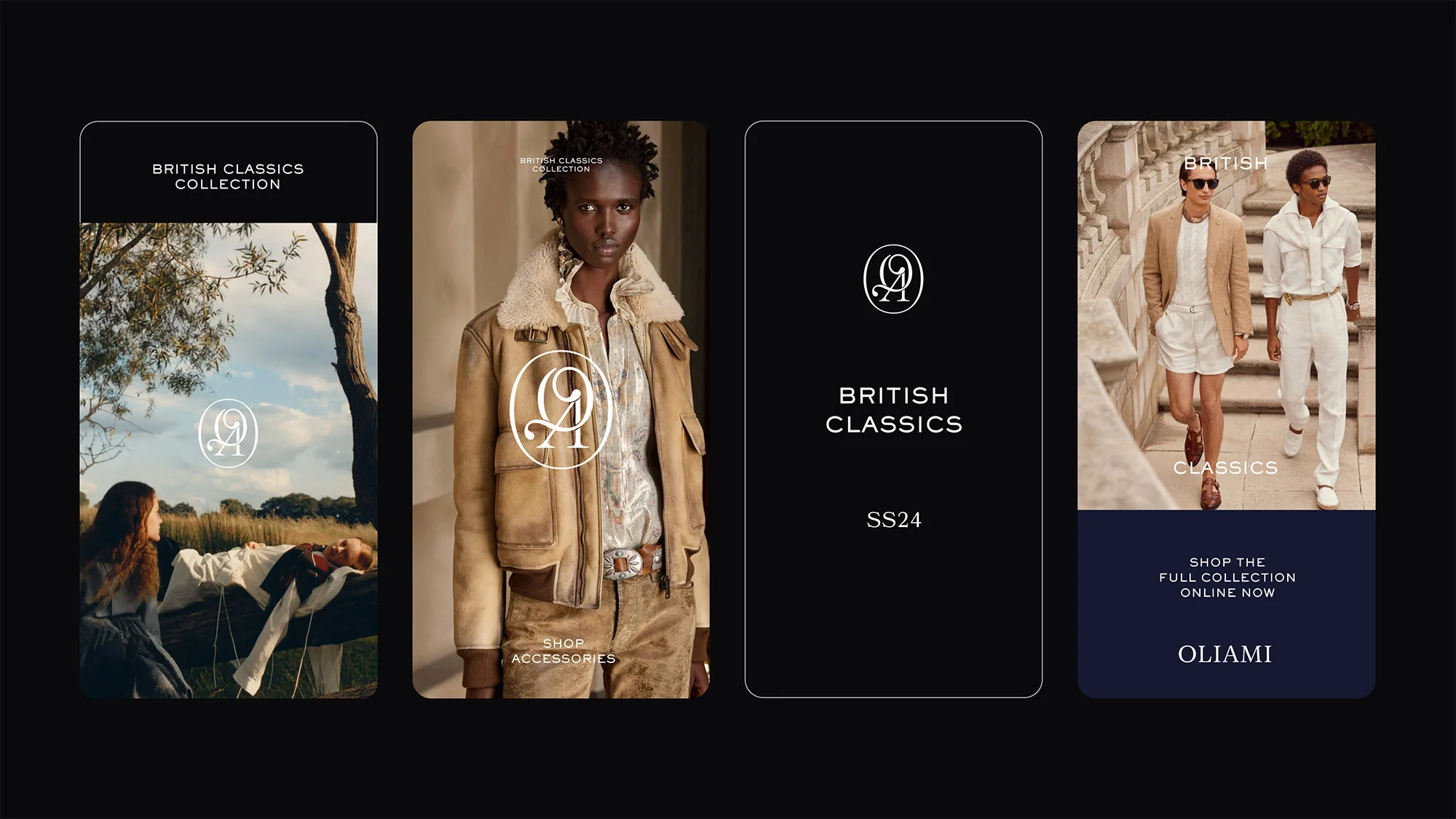 Fashion campaign featuring women in a field, woman in shearling jacket, and men in linen suits, promoting OLIAMI's British Classics collection.
