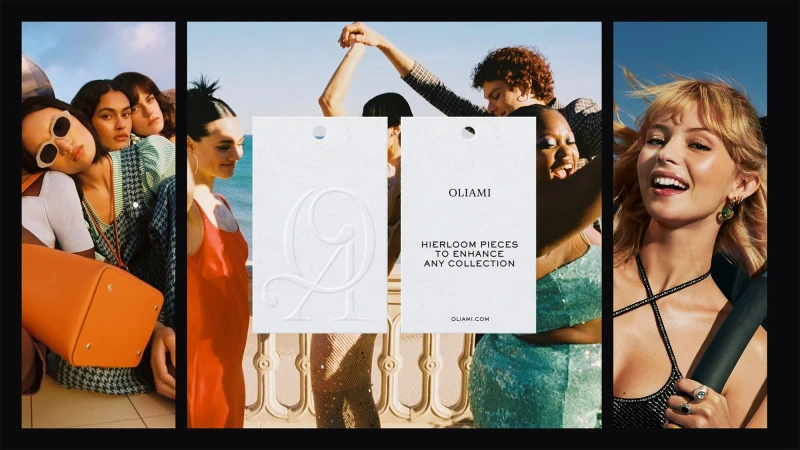 Fashion-forward ad featuring a group of models in stylish apparel and accessories, complemented by minimalist product tag displays.