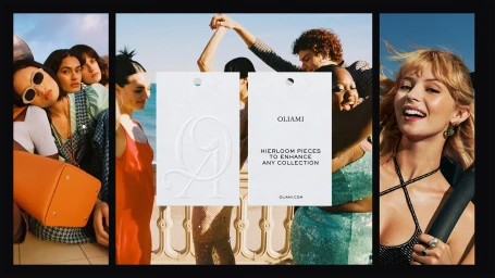 Collage of fashion lifestyle imagery and brand swing tags featuring embossed typography for Oliami brand identity