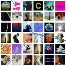 Grid of thirty-six diverse creative visual thumbnails arranged in six columns and six rows with intersecting blue lines.