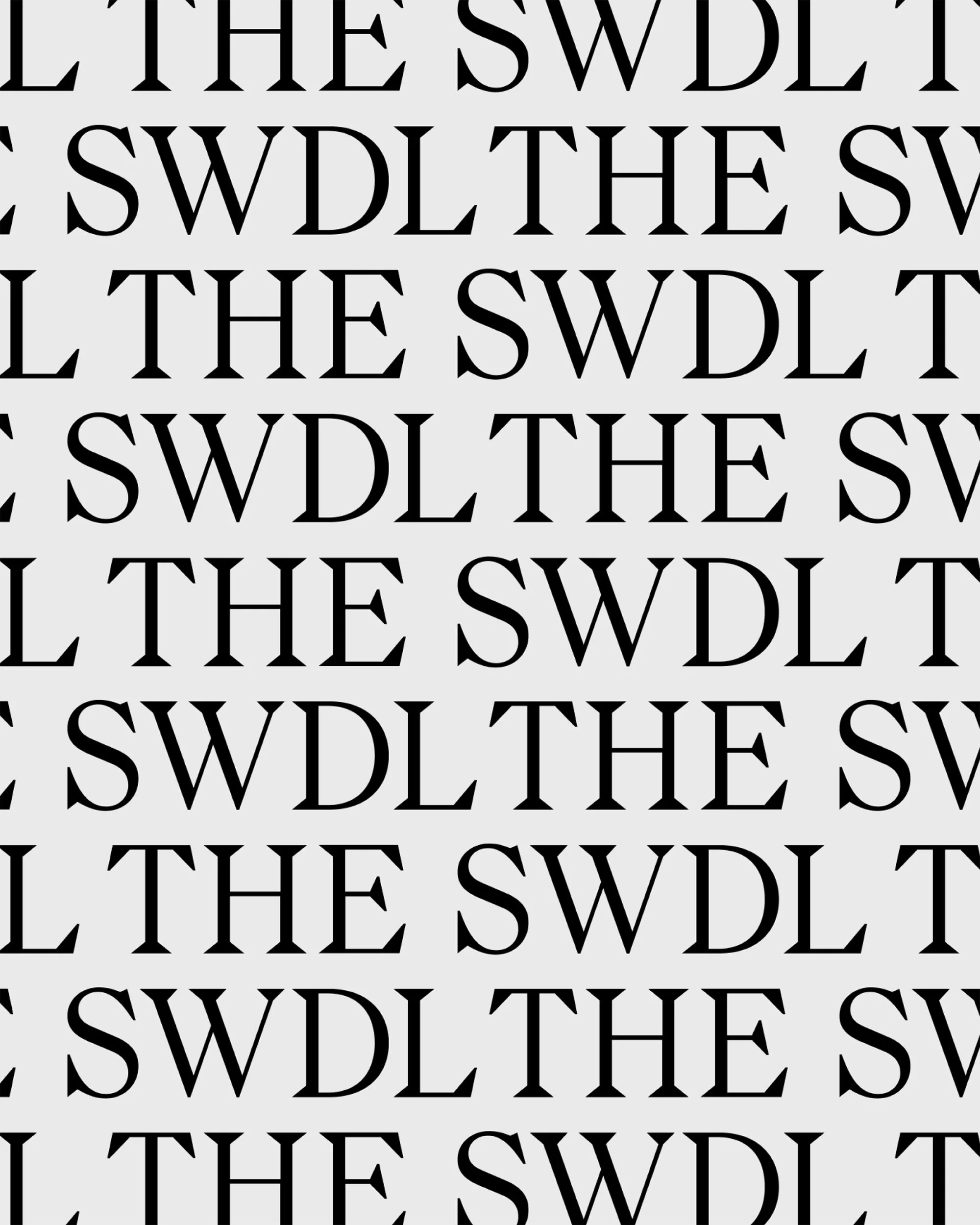 Repetitive text pattern on a light grey background featuring the phrases 'L THE SWDLT' and 'CSWDLTHE SV,' creating an abstract typographic design.