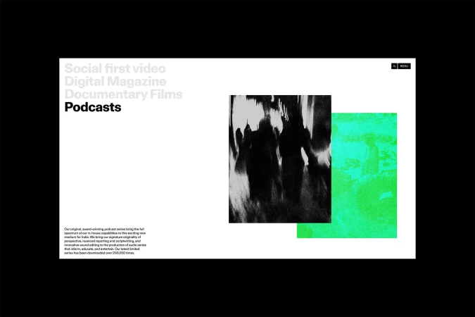 Website landing page with text: Social First Video, Digital Magazine, Documentary Films, Podcasts. Black and white and green graphic.