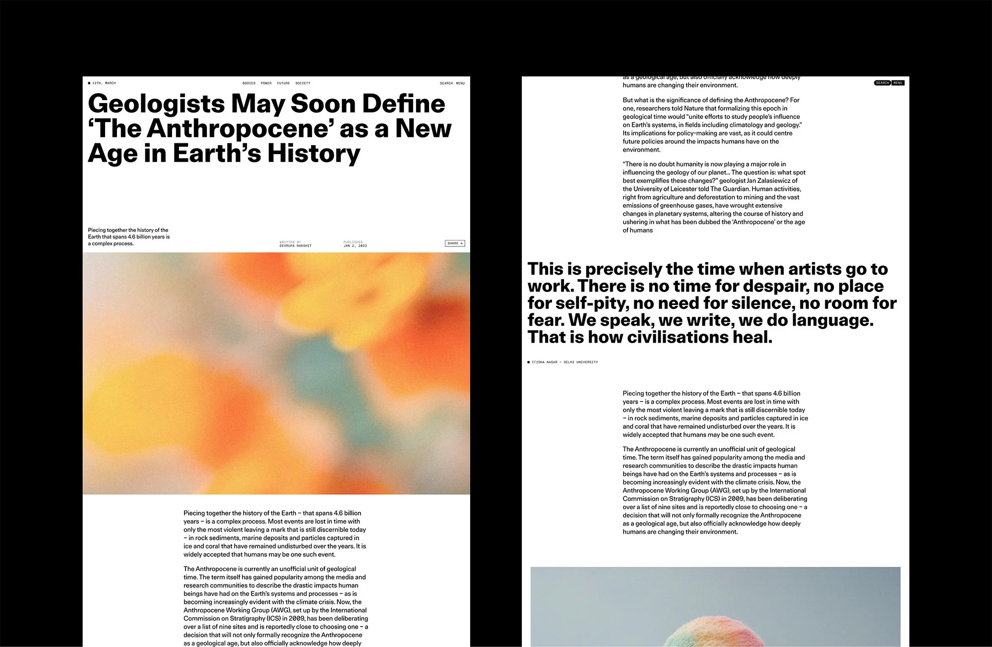 Article pages in a magazine spread, with text highlighting the Anthropocene epoch and colorful abstract images, set against black backgrounds.