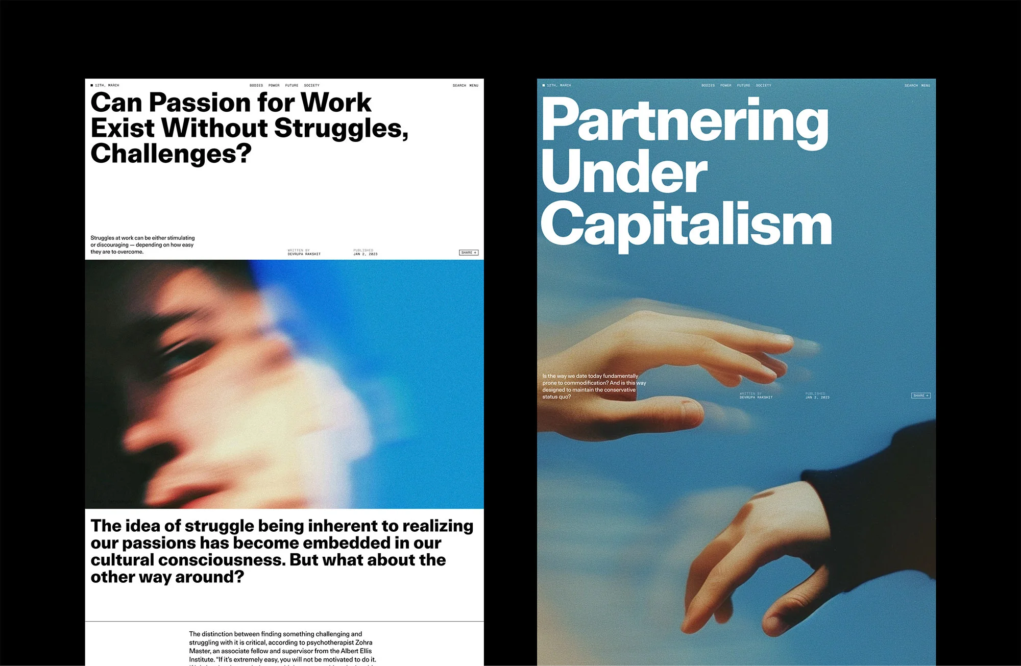 Two magazine covers are displayed featuring modern typography and hand imagery in a brightly lit, minimalist layout.