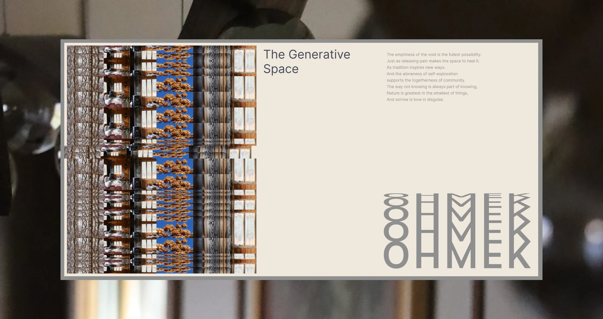 Digitally-altered abstract artwork featuring architectural elements, nature, and generative art, displayed on a cream-colored background.