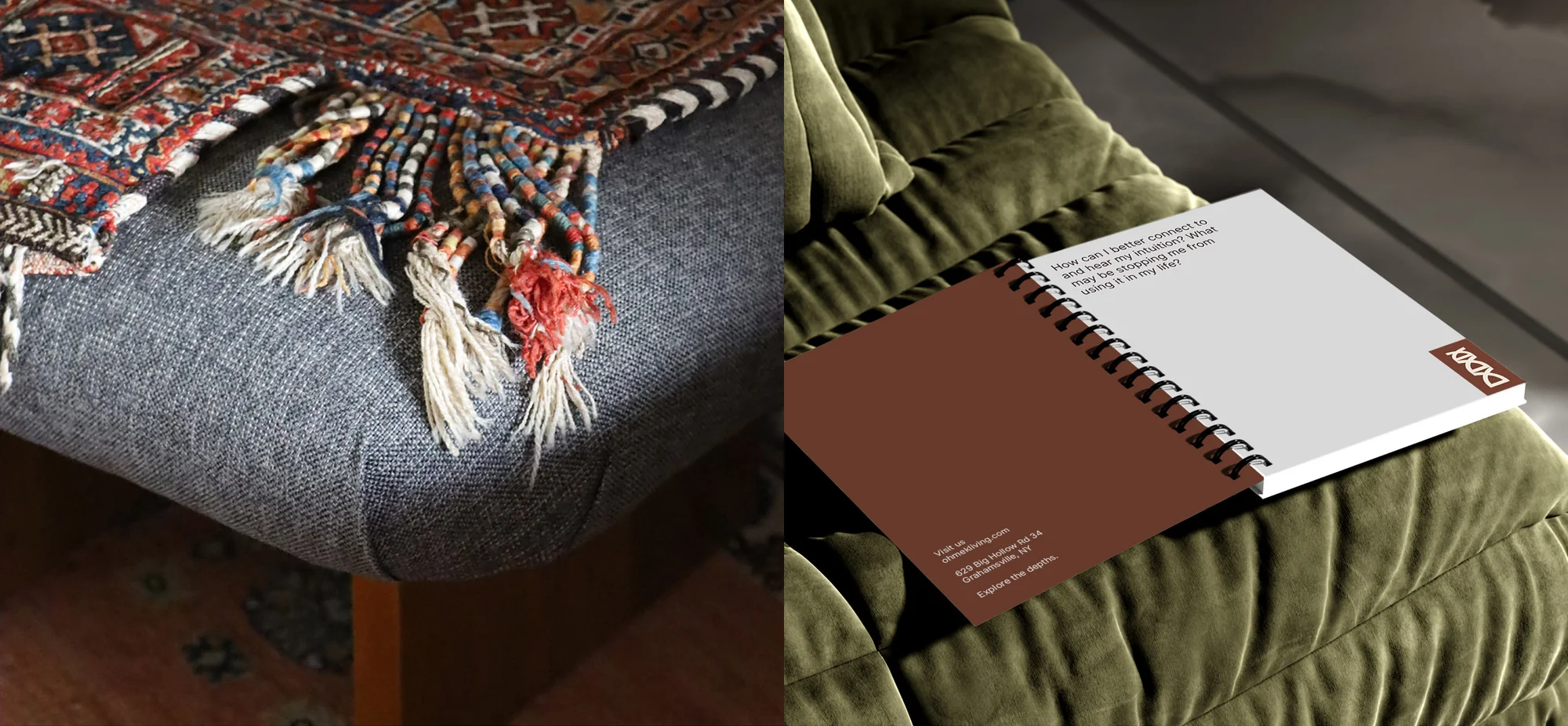 Still life image of a brown and white notebook on a green velvet sofa, next to a gray upholstered bench topped with a patterned rug.
