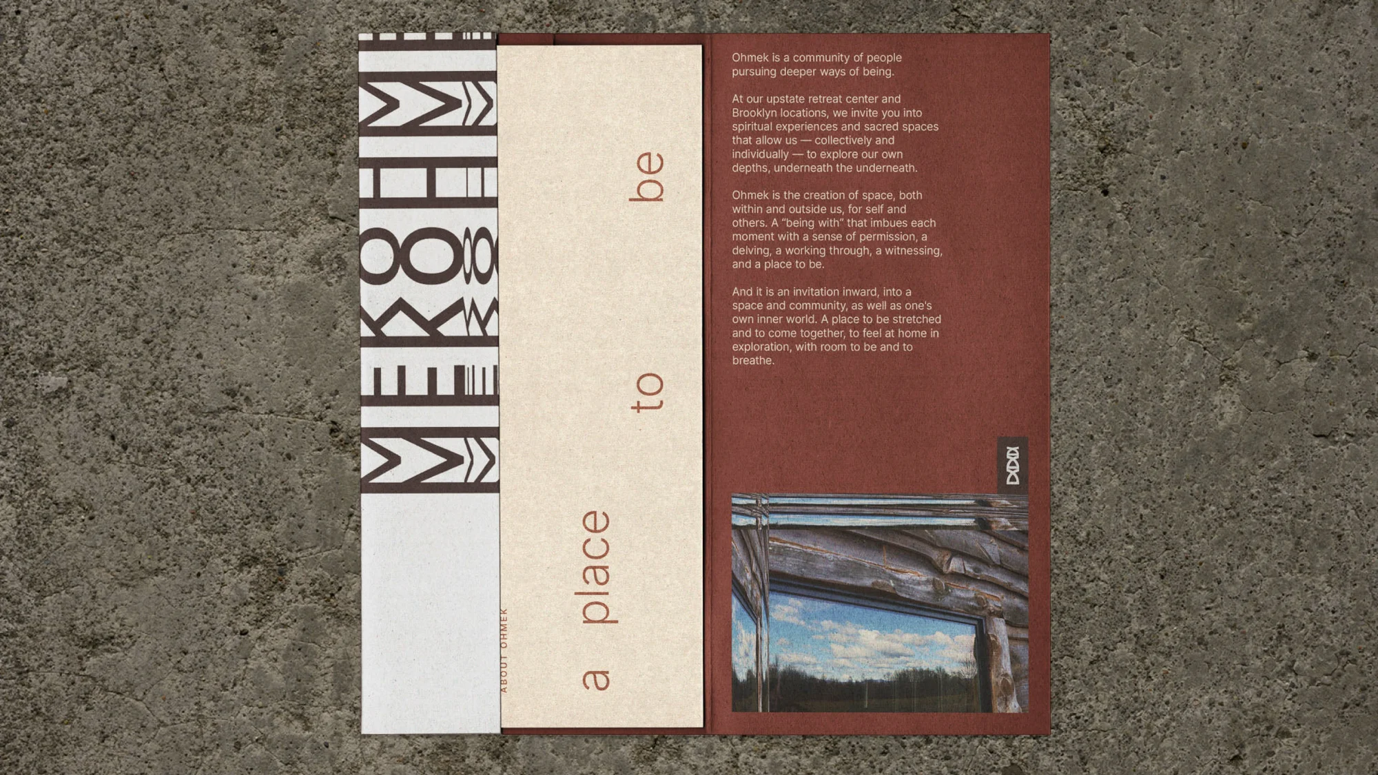 Promotional print material with abstract design, muted color palette, and invitation text for a spiritual retreat center and Brooklyn locations.
