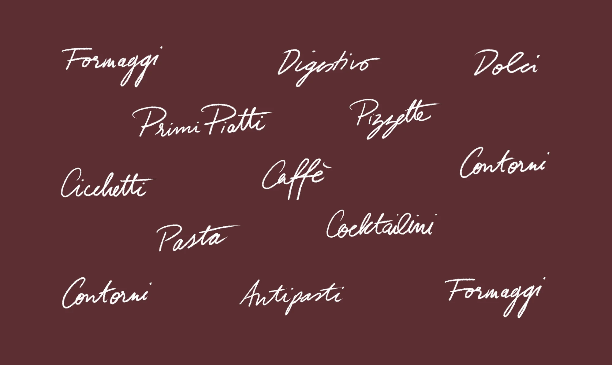 Elegant food and beverage menu categories in white script on a maroon background, including pasta, coffee, cocktails, and desserts.