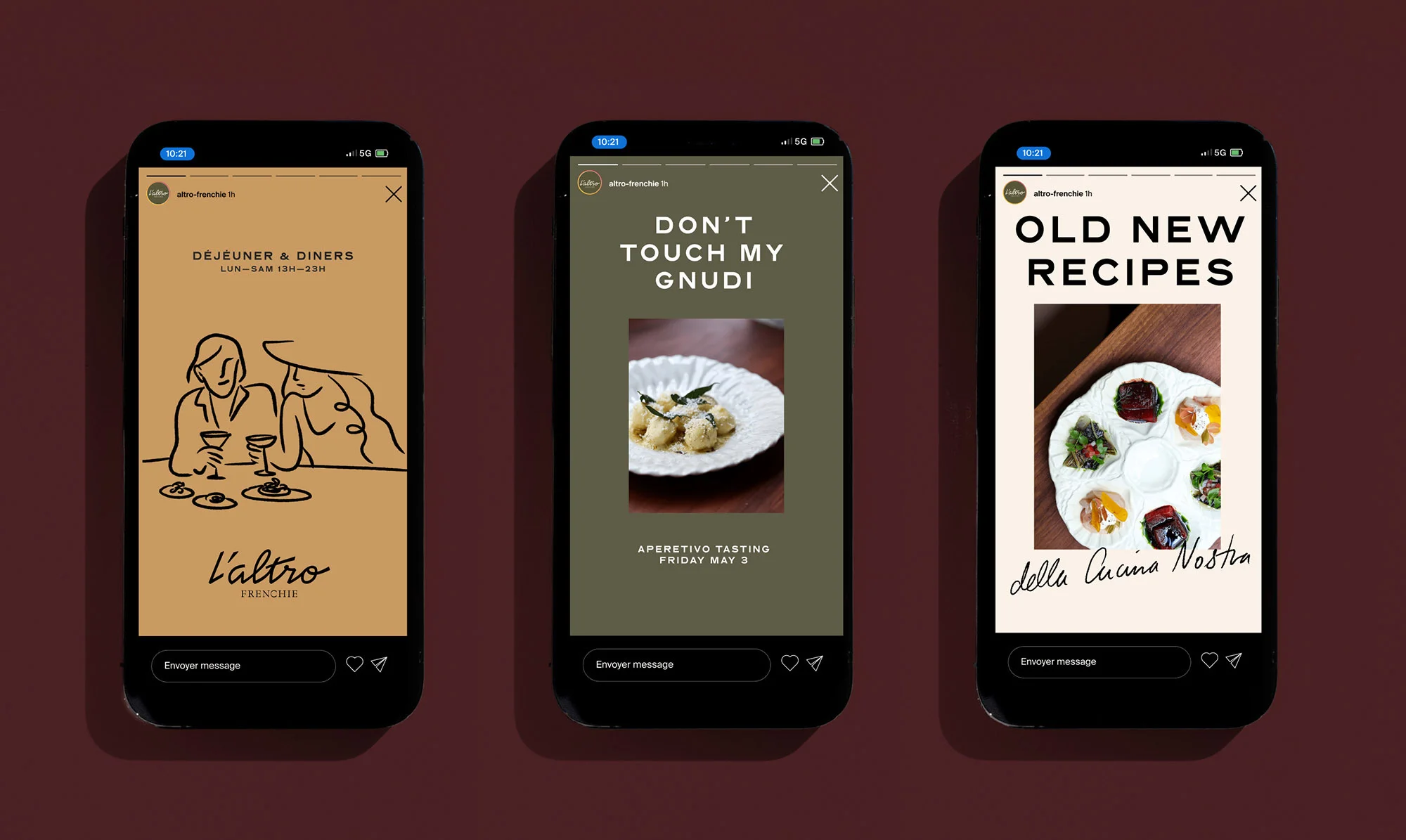 Three phone screens showing food-related social media posts. One has a sketch, one has gnudi, one has new recipes.