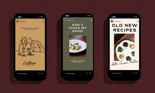 Three smartphones displaying social media stories with graphic design, illustration, and photography for L'altro Frenchie.