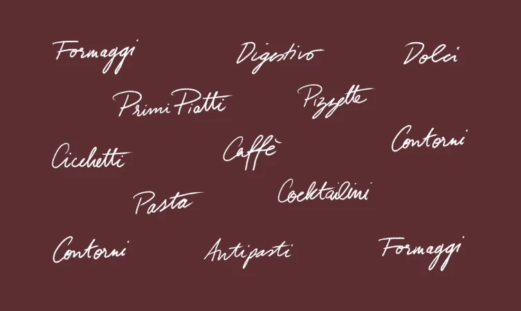 Handwritten typography menu categories displayed in white script against a solid dark burgundy background.