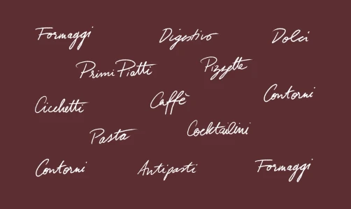 Handwritten typography menu categories displayed in white script against a solid dark burgundy background.