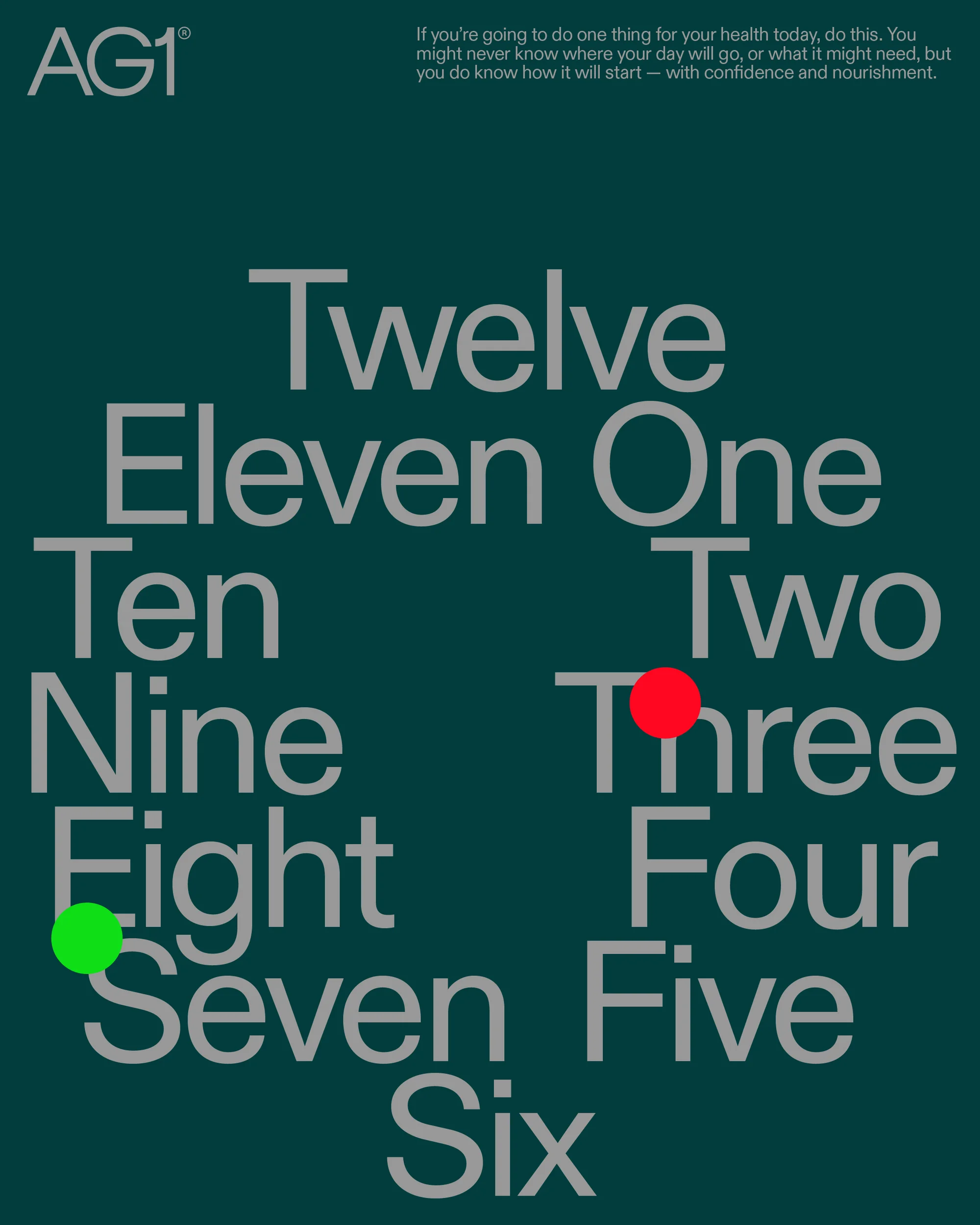 Graphic art with the words twelve, eleven, one, ten, two, nine, three, eight, four, seven, five, six circling on a teal background.