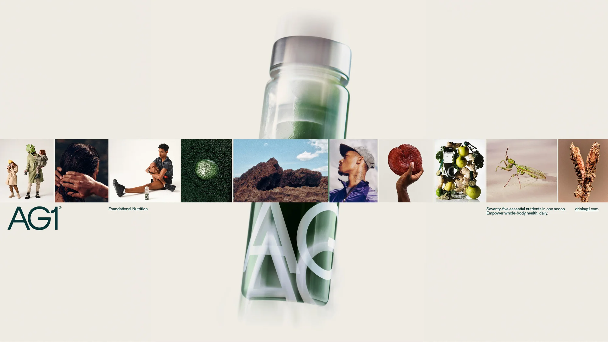 Image features an athletic greens AG1 supplement bottle with a collage of related lifestyle and nature images, along with brand text.