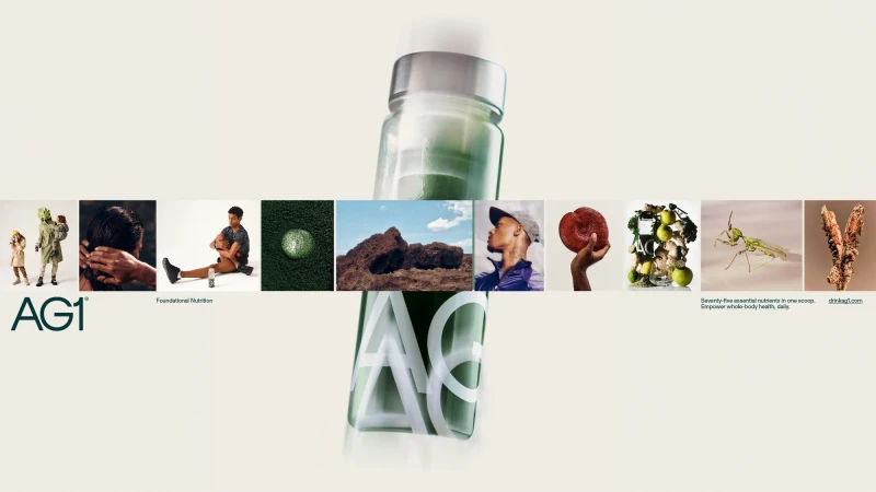Image features an athletic greens AG1 supplement bottle with a collage of related lifestyle and nature images, along with brand text.