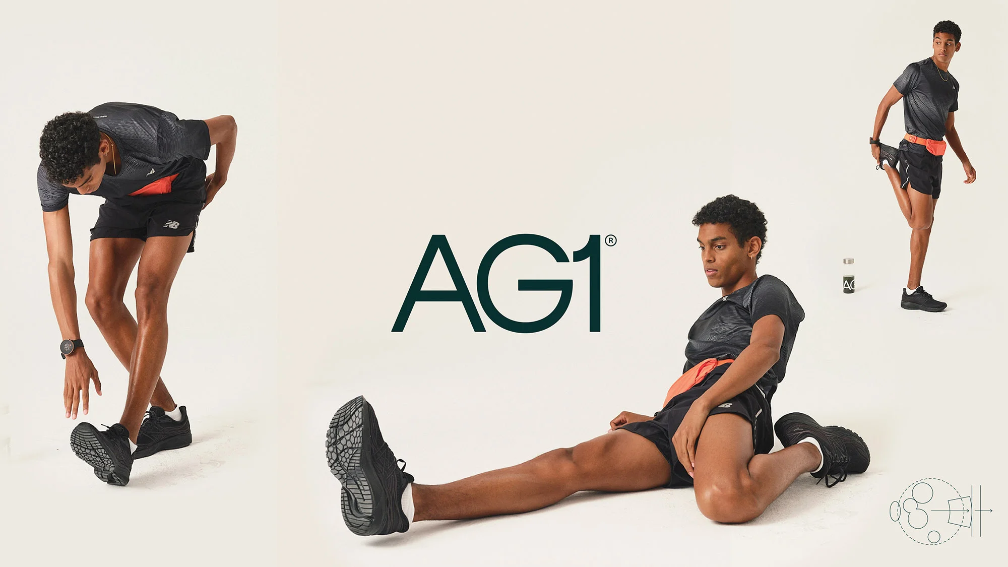Male athlete in activewear stretches in a studio setting, showcasing fitness, flexibility, and the AG1 brand logo against a light backdrop.