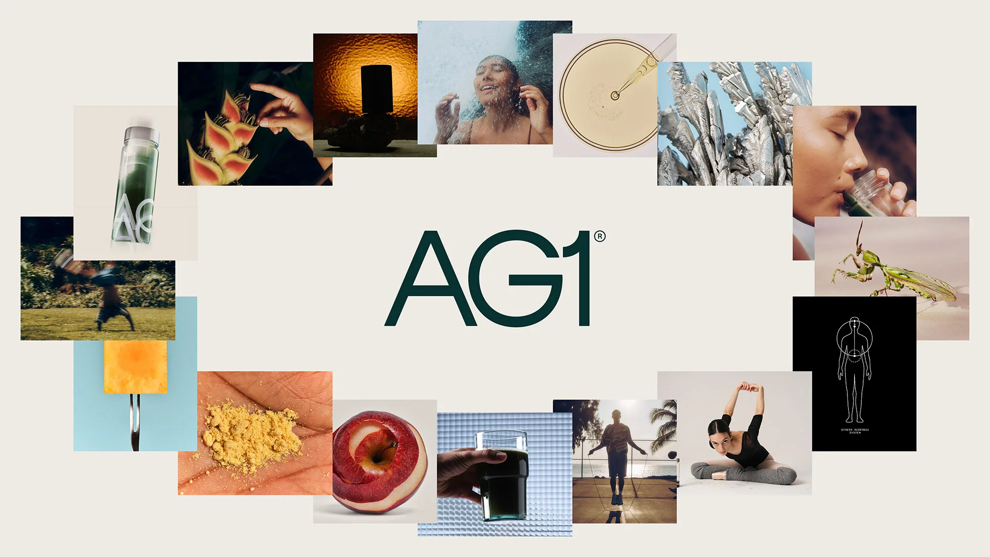 Collage of health and wellness visuals with AG1 logo in the center, showcasing exercise, nutrition, and healthy lifestyle elements.