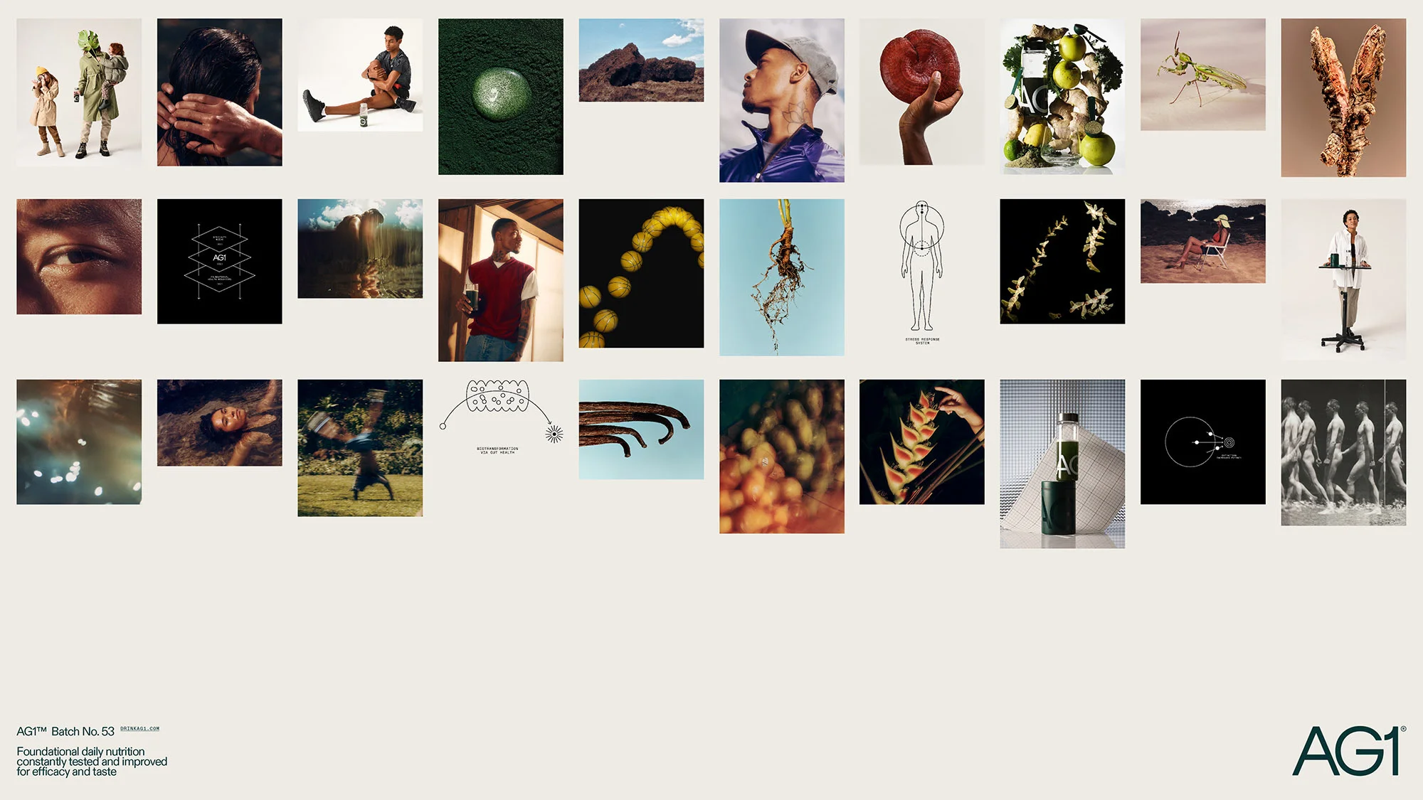 Collage of various product and lifestyle shots, including people, food items, landscapes, and graphical elements on a cream background.