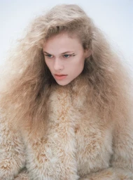 Model with voluminous blonde hair wearing a textured beige coat against a light background