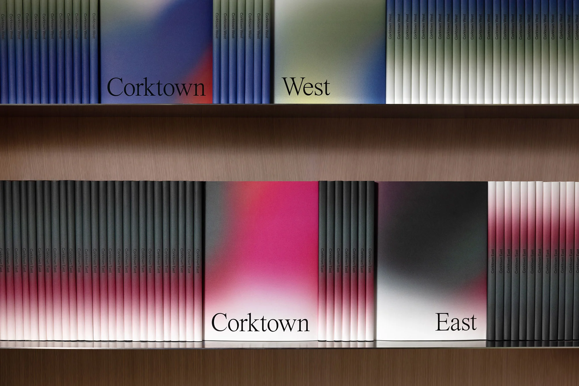 Shelves display a gradient color-blocked book collection with text titles, offering a minimalist aesthetic, inviting visual browsing.