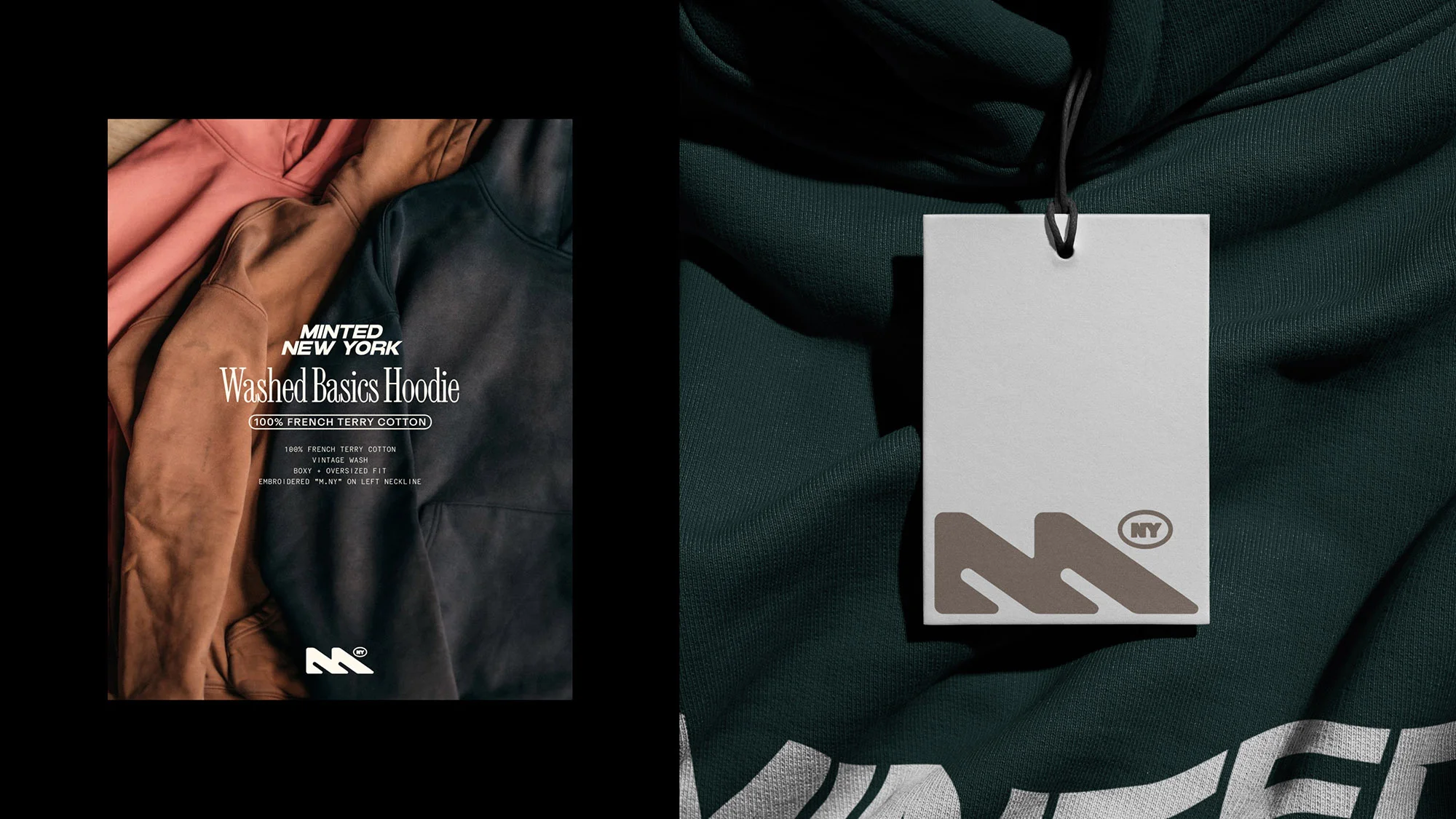 Three hoodies, in brown, black, and forest green, are displayed with product tags and branding for 'Minted New York Washed Basics Hoodie'.