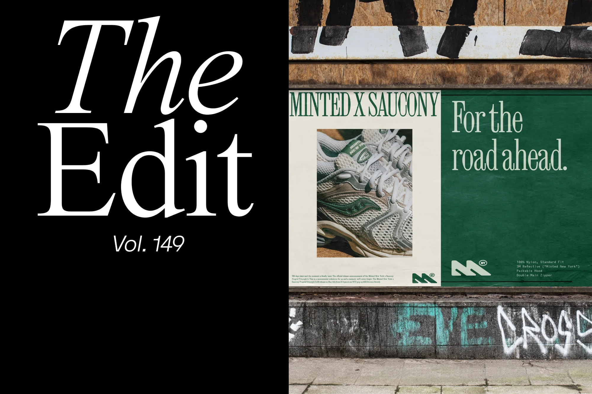 Magazine-style collage showcases Saucony shoe ad on city wall alongside 'The Edit Vol. 149' with black and green color scheme.
