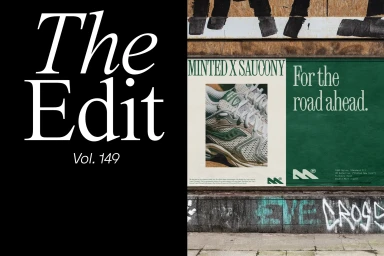 Split view showing bold typography on black on the left and Minted brand posters affixed to a weathered outdoor wall on the right.