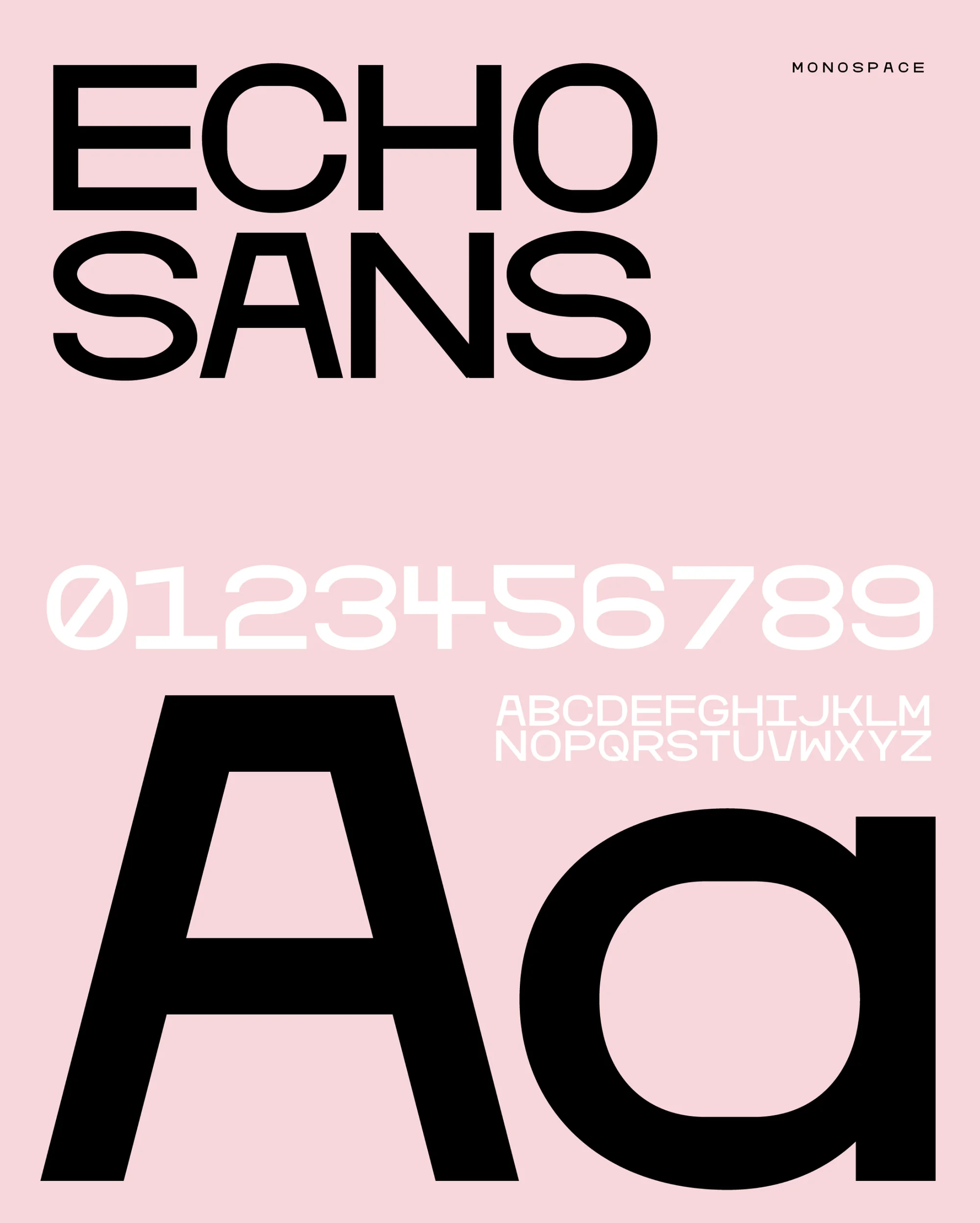 Echo Sans font specimen in black and white on a pink background, showing upper and lowercase letters and numerals.
