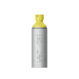 Cylindrical grey metal cleanser bottle with a bright yellow cap against a plain white background