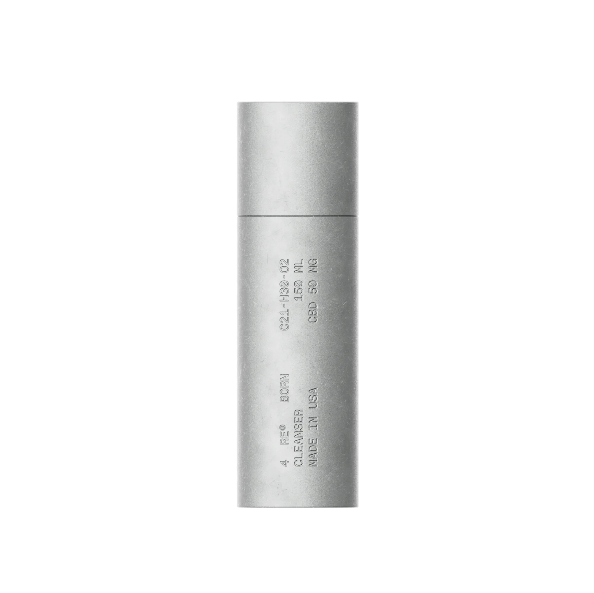 Cylindrical silver skincare container, featuring a label with brand and product details, isolated on a clean, white background.