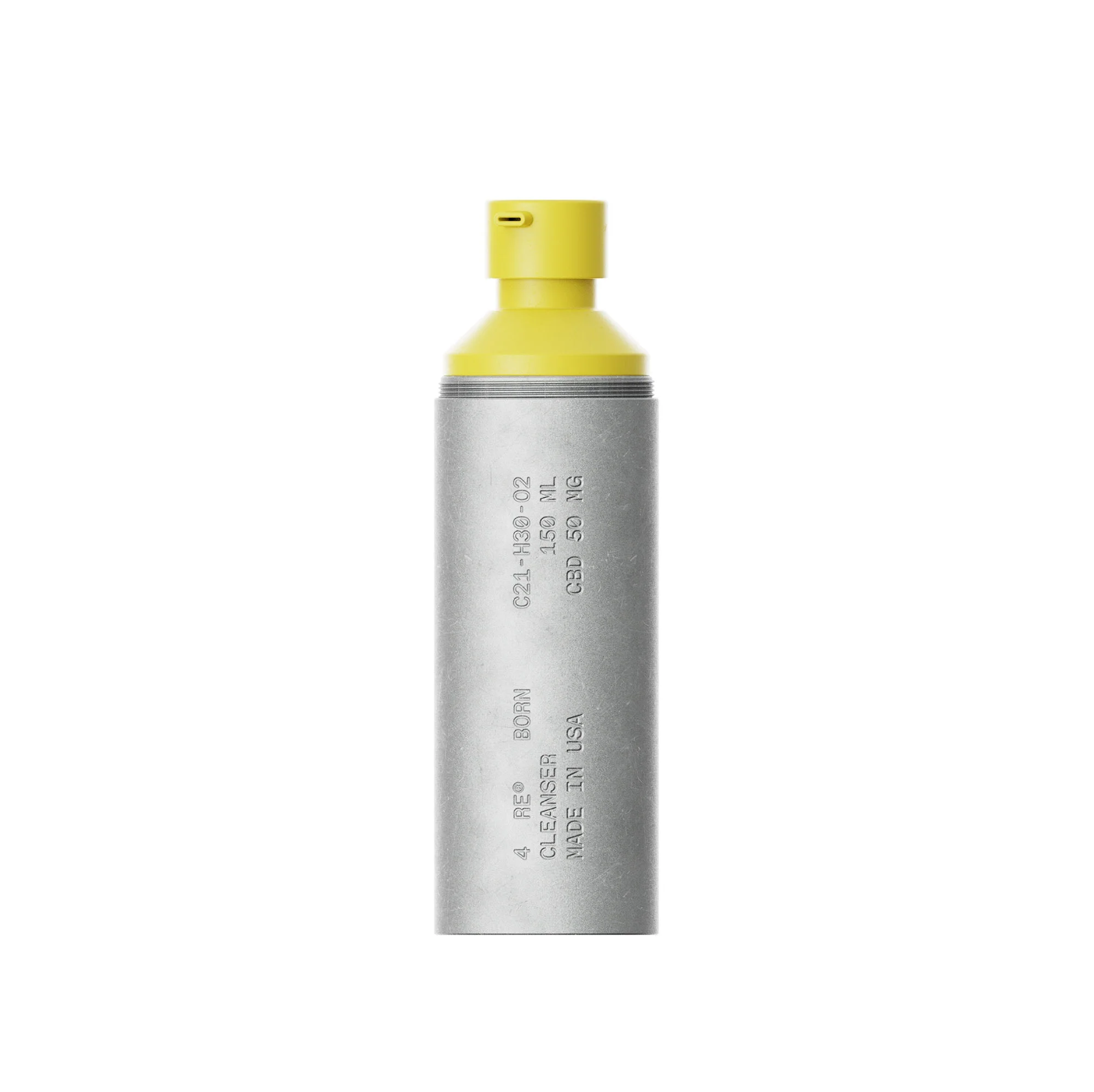 Cosmetic cleanser bottle in silver and yellow on a white background, featuring product information and a pump dispenser.