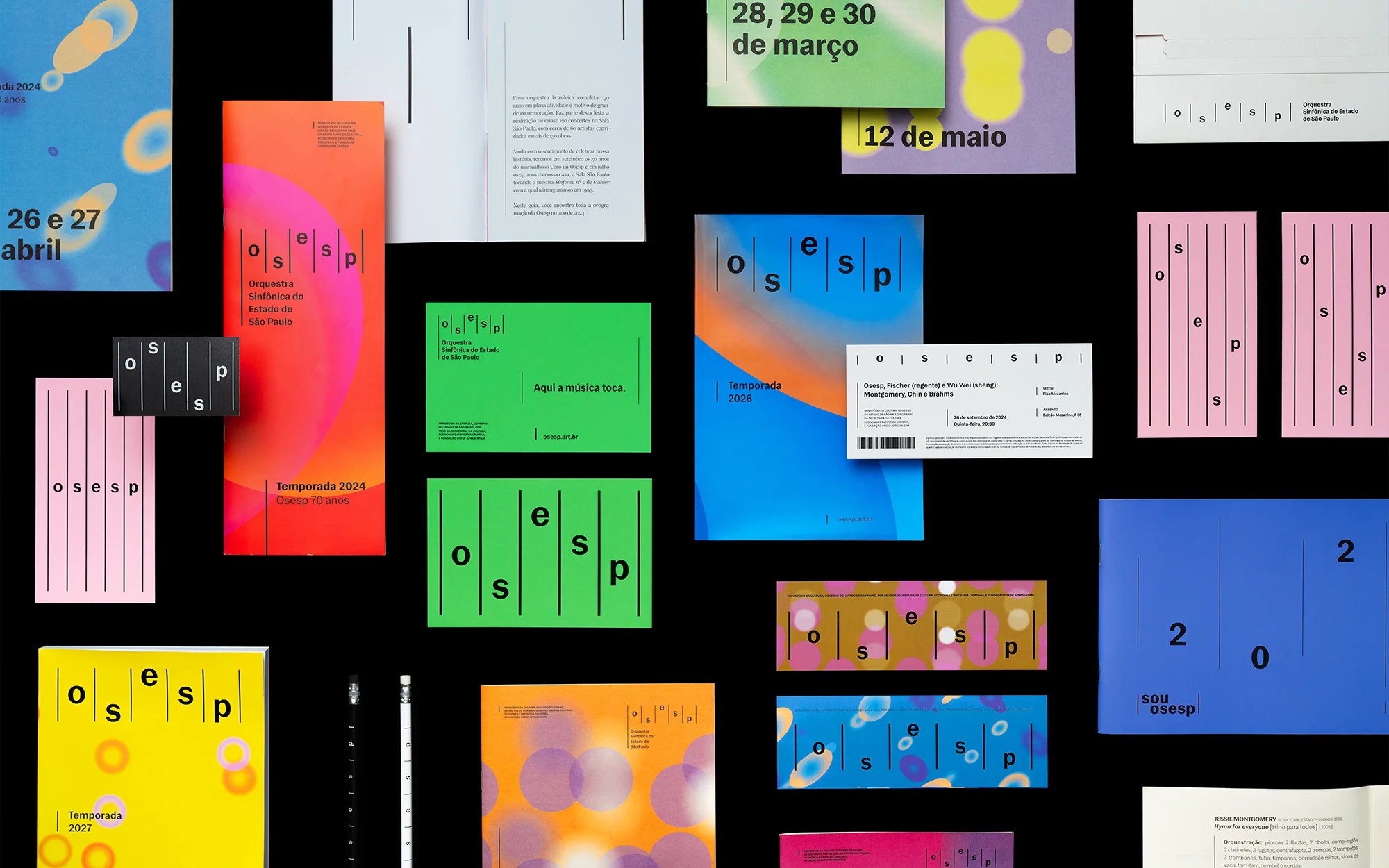 Graphic design featuring vibrant posters and flyers with the word 'osesp' in vertical layout, set against a stark black background.