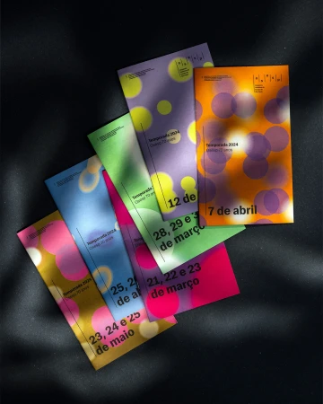 Colorful graphic design event posters with blurred circles overlap on dark background, advertising dates in March, April, and May.