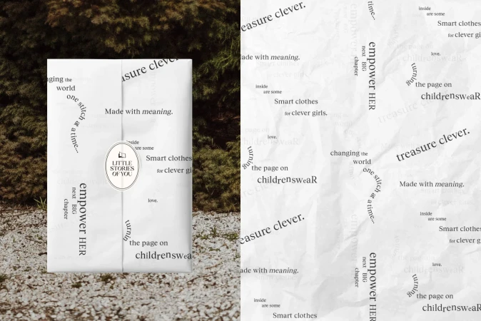 Wrapped package sits outside amongst greenery with text reading: treasure clever, empower HER, smart clothes, changing the world.