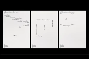 Three white vertical posters featuring minimalist typographic layouts with experimental text placement.