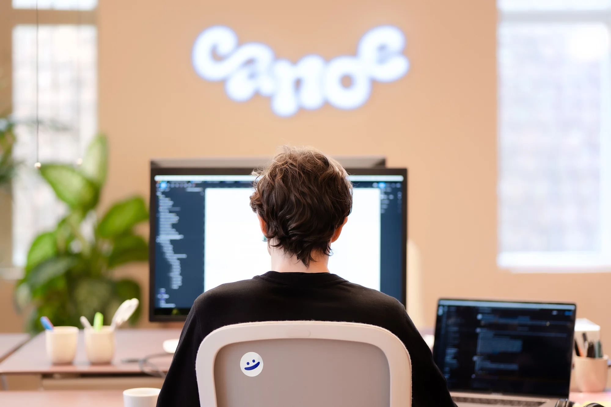 Adult works at a computer in an office. View of the back of an adult seated at a desk, with a computer and laptop, in an office setting.