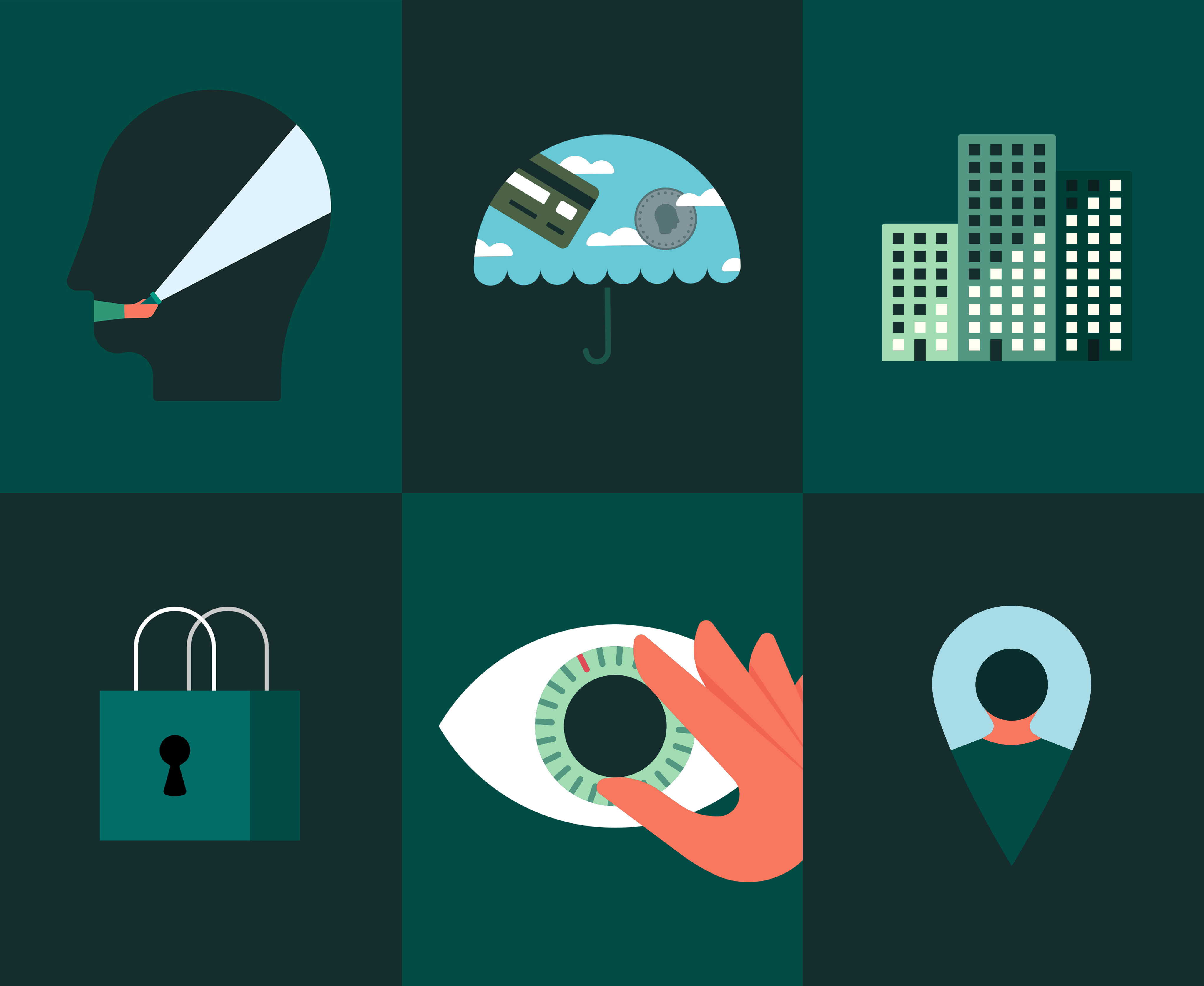 Illustration of a person's head, umbrella, buildings, lock, eye, and location pin over a dark teal background.