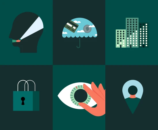 Illustration of a person's head, umbrella, buildings, lock, eye, and location pin over a dark teal background.