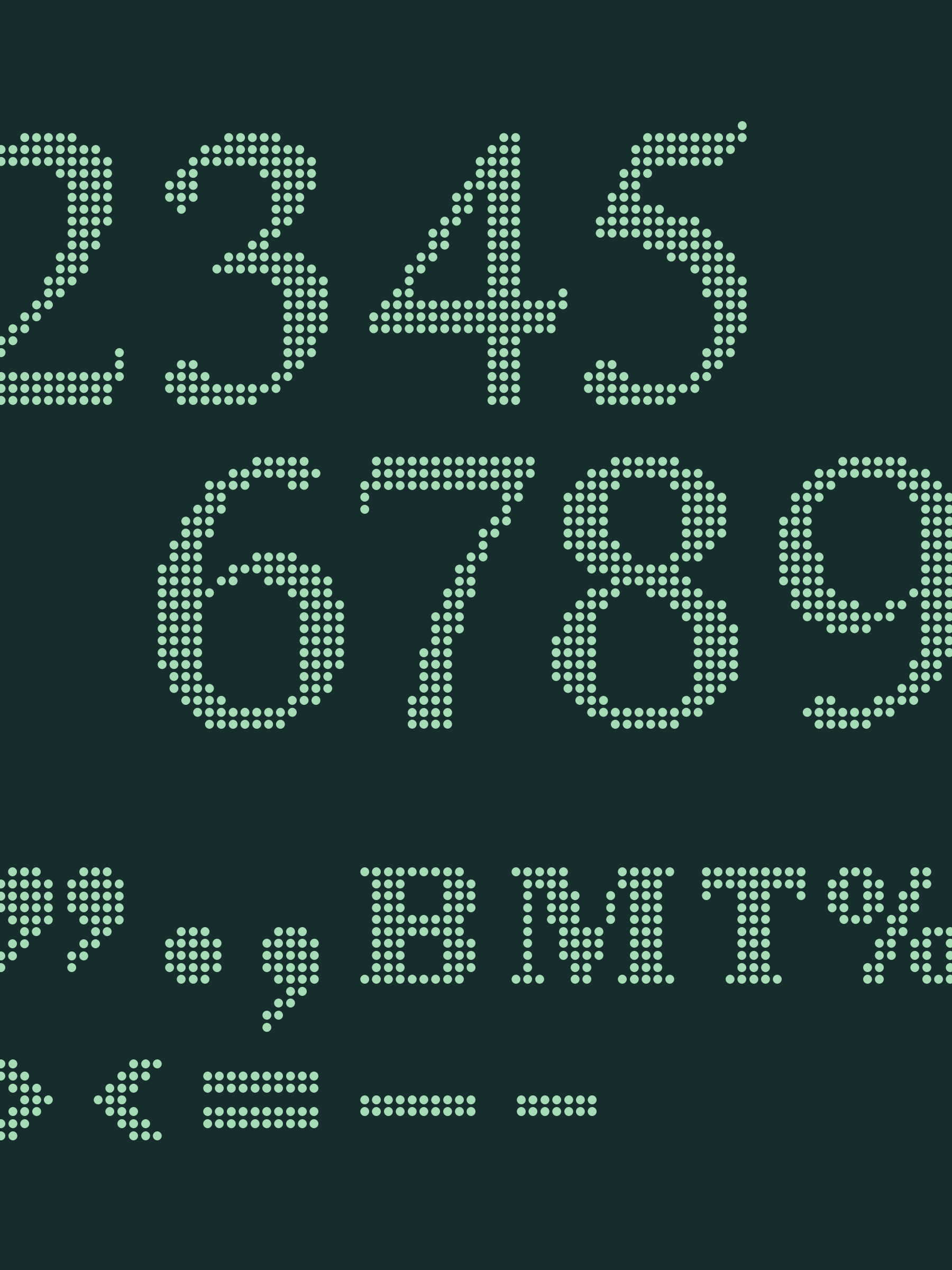 Display of digital numbers and characters. Numbers 2 to 9 are on the top row, with math symbols and the letters BMT.