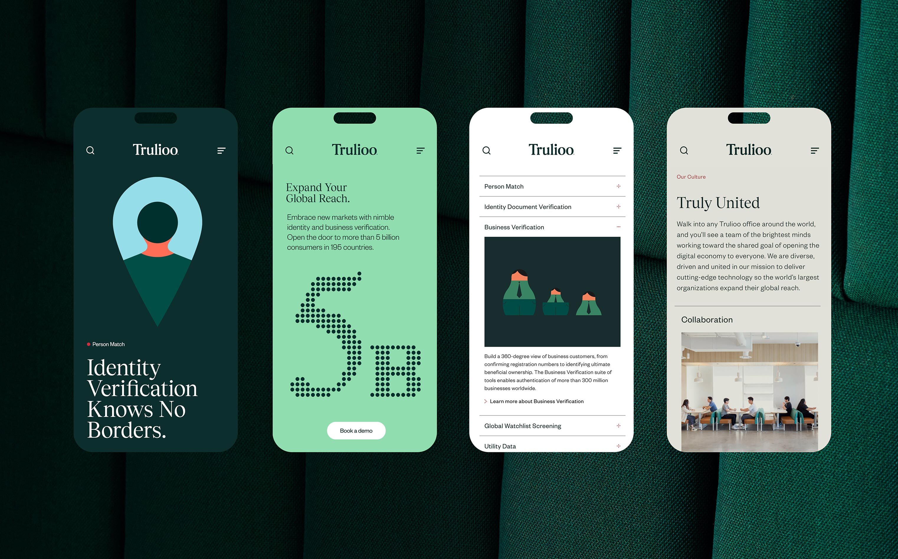Screenshots of the Trulioo app are displayed on four iPhones against a green fabric background showcasing mobile identity verification.