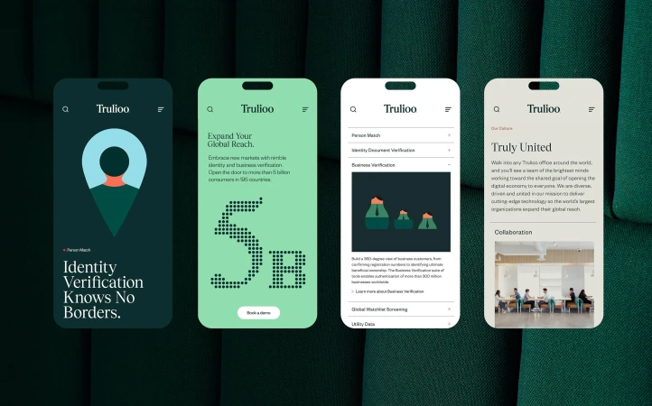 Screenshots of the Trulioo app are displayed on four iPhones against a green fabric background showcasing mobile identity verification.