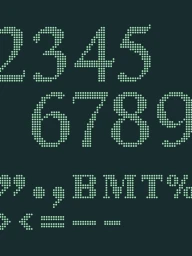 Digital dot-matrix typography displaying numbers and characters in light green against a dark teal background.