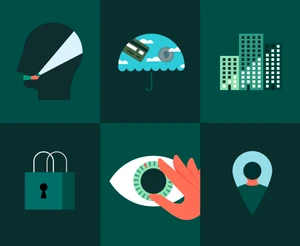 Trulioo brand identity illustration grid with green and teal vector icons including a head profile, umbrella, and eye.