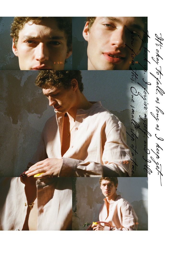 Multiple exposures of a young adult male with curly brown hair wearing a collared shirt indoors with text overlayed in script.