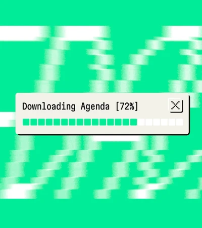 Computer graphic showing a loading bar with the text 'Downloading Agenda [72%]' against a bright green pixelated background.