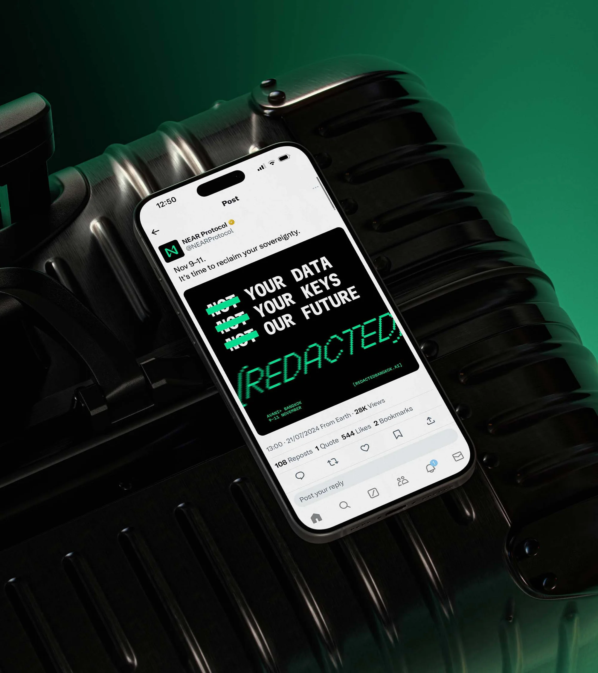 Smartphone displays a tweet about data sovereignty, resting on a black textured suitcase against a dark green background, highlighting digital rights.