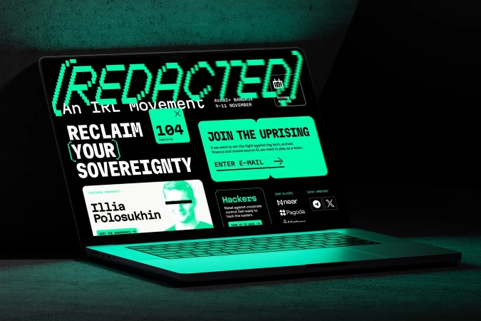 Laptop displaying 'REDACTED: An IRL Movement,' featuring digital event info, portraits, and registration prompts, all in green on black.