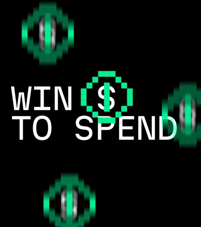 Animated video game style motion graphic with a dollar sign coin emblem on a black background with the text 'Win to Spend'.
